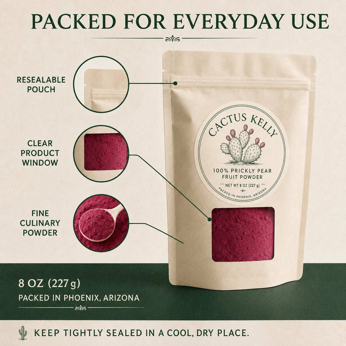 Resealable package of one hundred percent prickly pear fruit powder