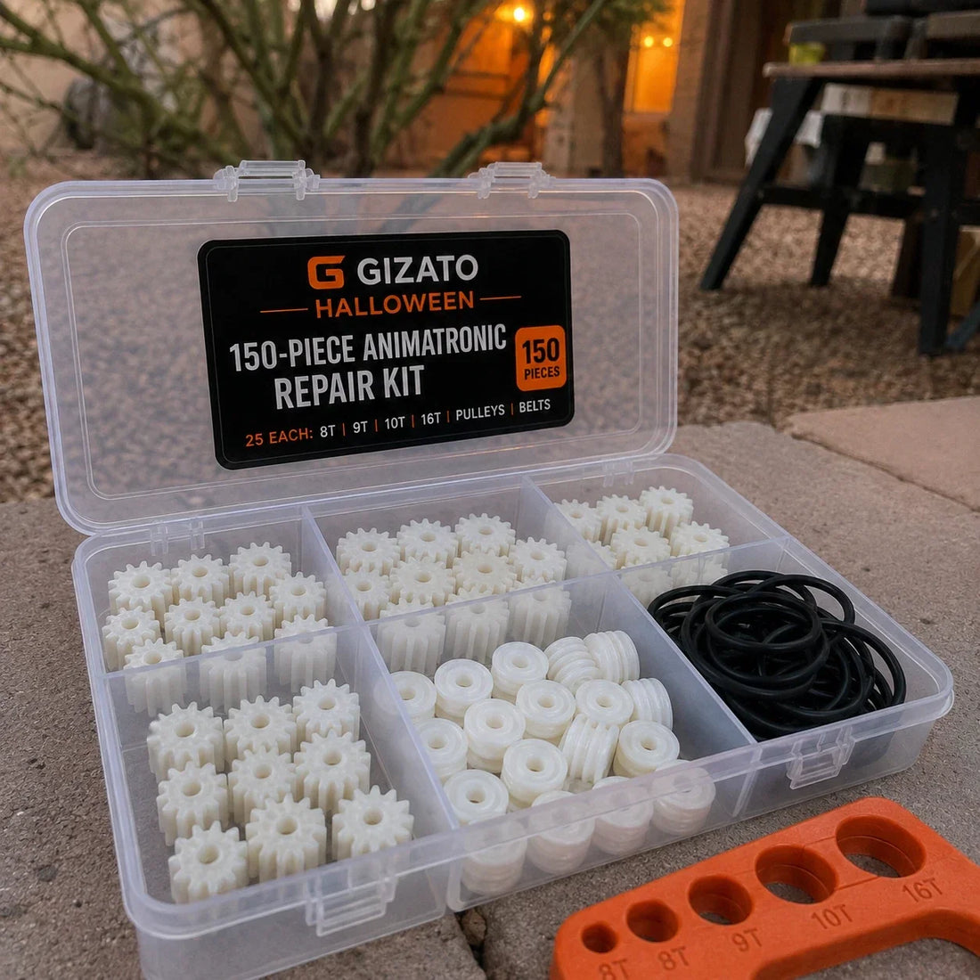 Open Gizato 176-piece animatronic repair system with sorted gears, pulleys, belts, and FitKey