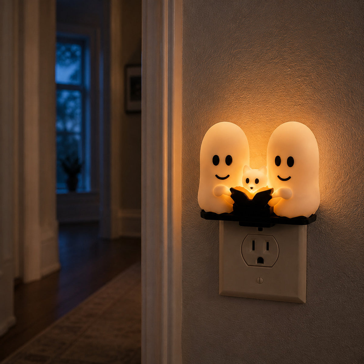 Ghosts and cat warm-glow plug-in Halloween night light