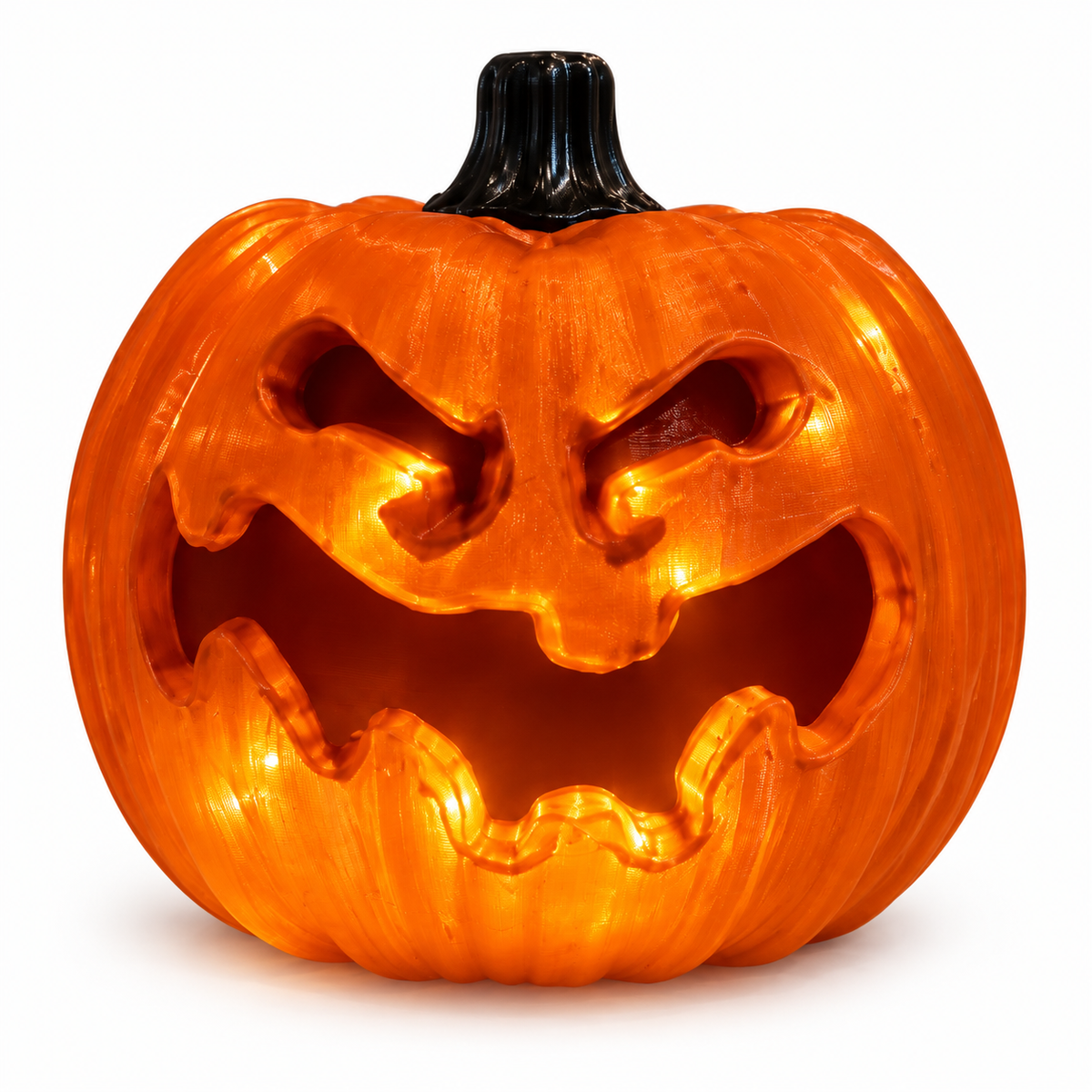 Gizato Super Spooky orange plastic pumpkin decoration with black stem and warm interior lighting on a white background