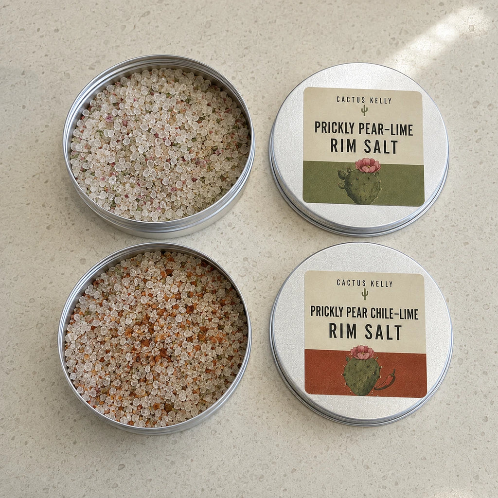 Open Prickly Pear and Prickly Pear Lime rim salt tins shown beside their labeled lids