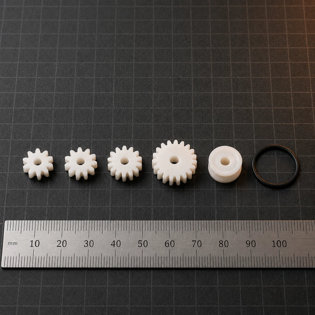 M0.5 animatronic repair gears, pulley and belt shown beside a millimeter ruler for size reference